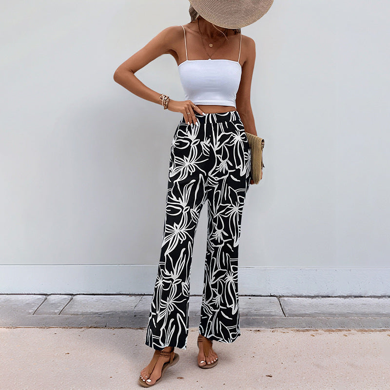 Damen Weite Leinenoptik-Hose mit hohem Bund und floralem Print Shop Nory