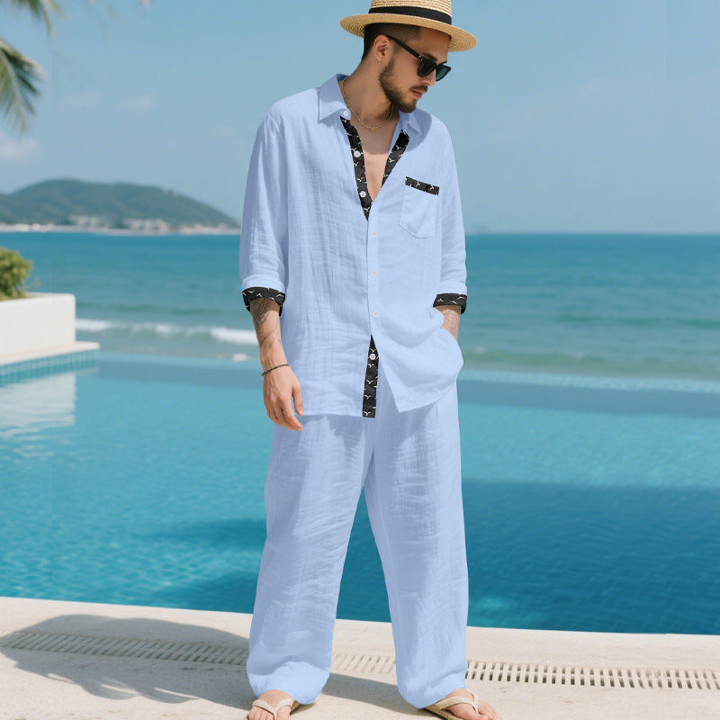 Herren Leinenoptik-Loungewear-Set mit Kordelzughose und offenem Hemdjacke Shop Nory