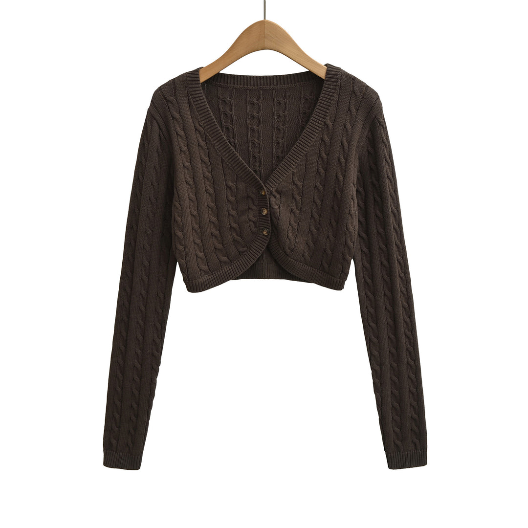 Damen Kurzgeschnittener Zopfstrick-Cardigan mit V‑Ausschnitt und Knopfleiste Shop Nory