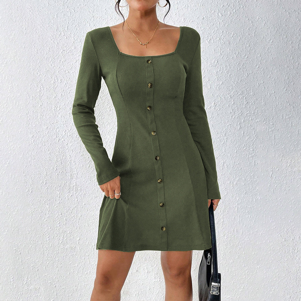 Damen ausgestelltes Strick‑Korsagenkleid mit durchgehender Knopfleiste, Square‑Neck und figurformenden Teilungsnähten Shop Nory