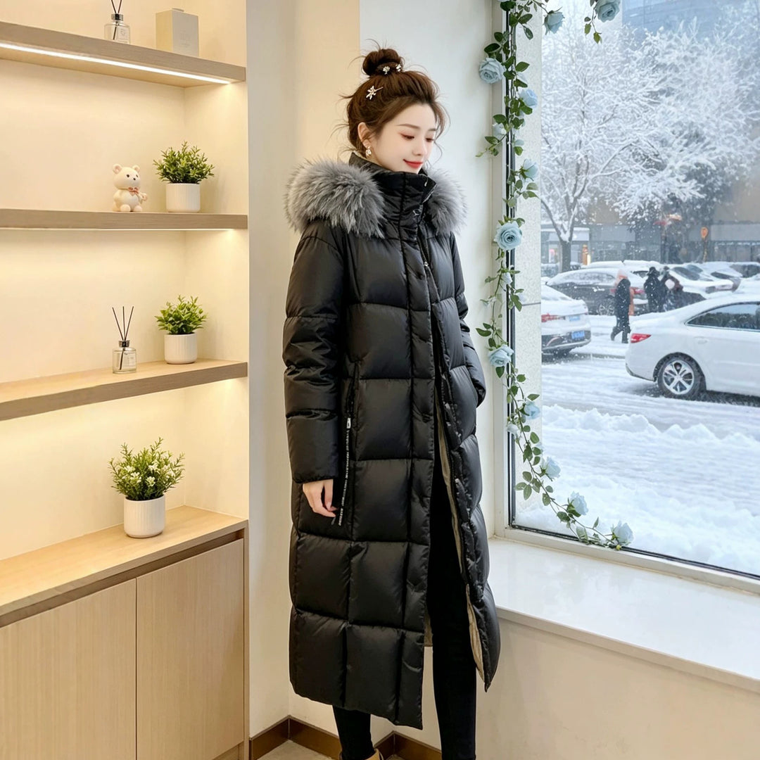 Damen Lange Daunenjacke mit Kunstfellkragen Shop Nory