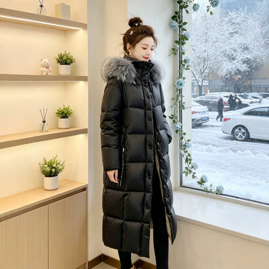 Damen Lange Daunenjacke mit Kunstfellkragen Shop Nory