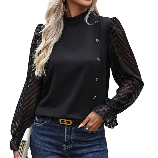 Damen Chiffonbluse mit Stehkragen, transparenten Ballonärmeln und asymmetrischer Knopfleiste Shop Nory