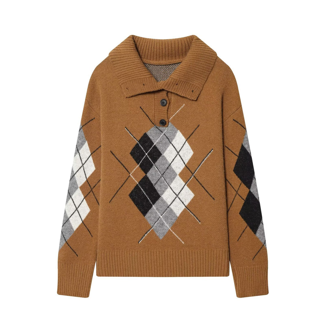 Damen Oversized Pullover mit Rautenmuster und Polokragen mit Knopfleiste Shop Nory