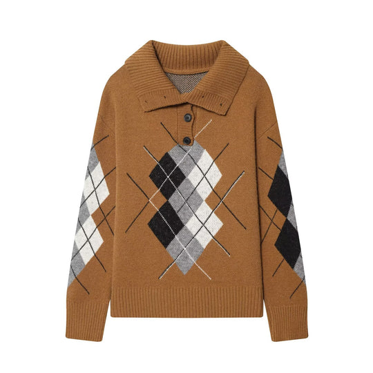 Damen Oversized Pullover mit Rautenmuster und Polokragen mit Knopfleiste Shop Nory