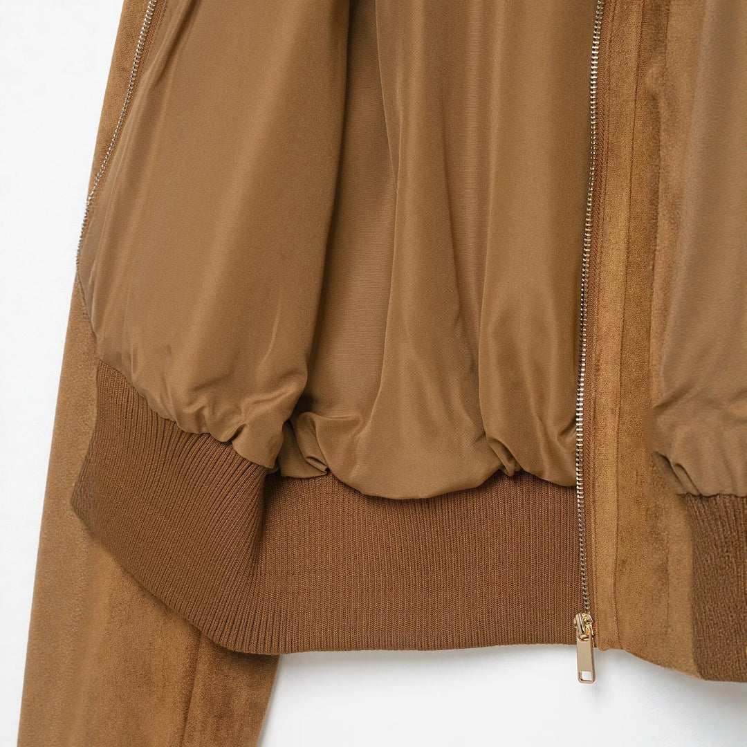 Damen kurzgeschnittene Wildleder-Bomberjacke mit hohem Rippkragen und Pattentaschen Shop Nory