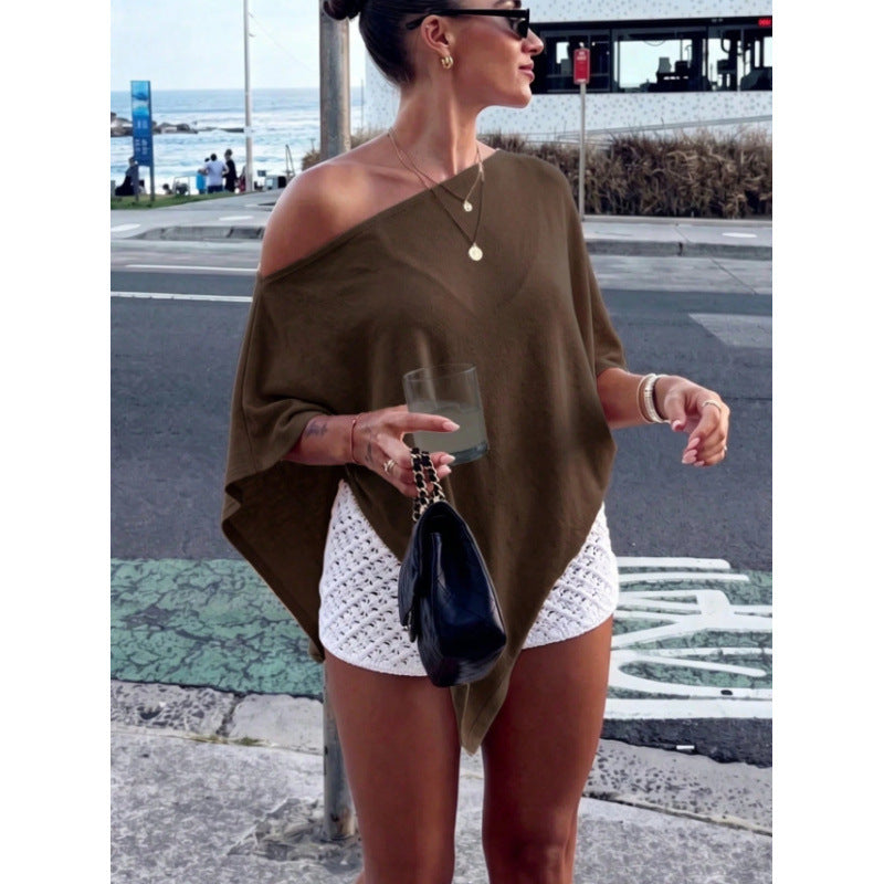 Damen Asymmetrisches Off-Shoulder Poncho-Top aus leichtem Strick Shop Nory
