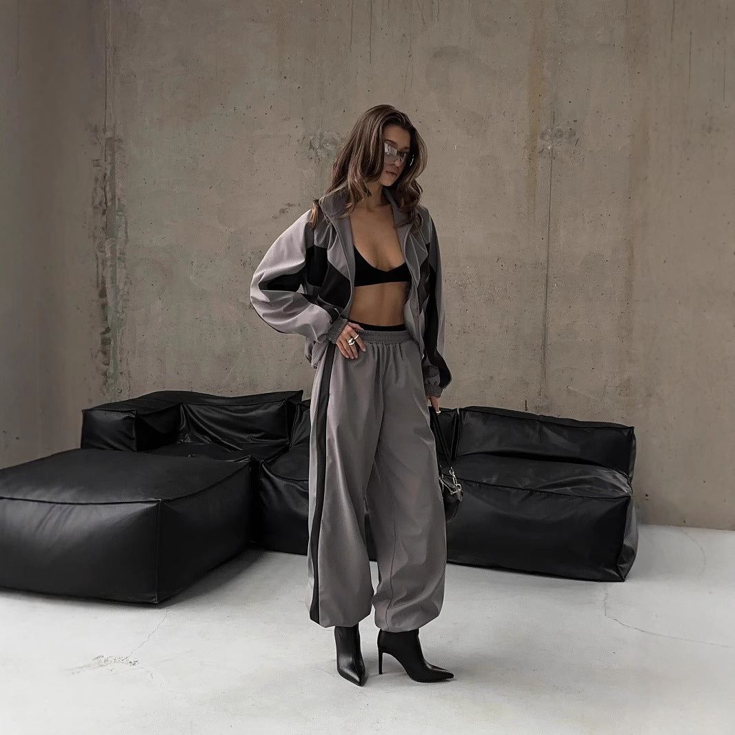 Damen sportives Zweiteiler-Set aus Oversize-Trackjacke mit Reißverschluss und weitem Bundfalten-Hose Shop Nory