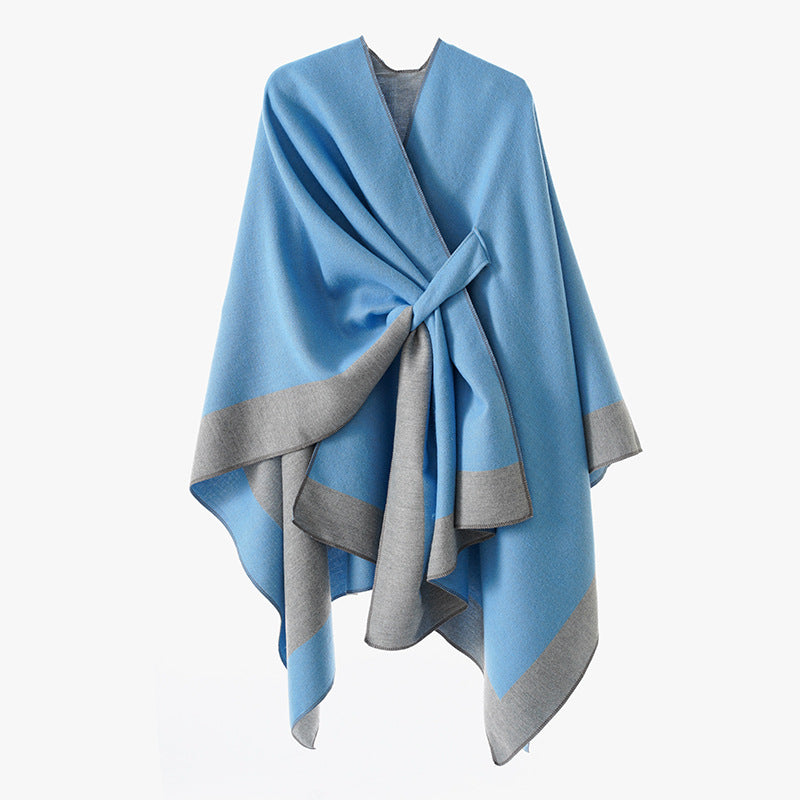 Damen Weicher Strickponcho mit Gürtel und Kontrastkante Shop Nory