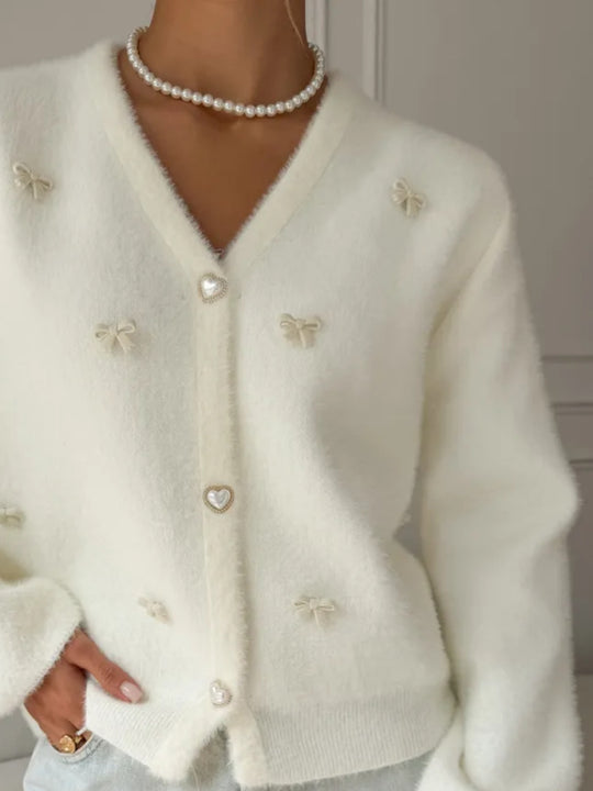 Damen Flauschige Strickjacke mit Herzknöpfen Shop Nory