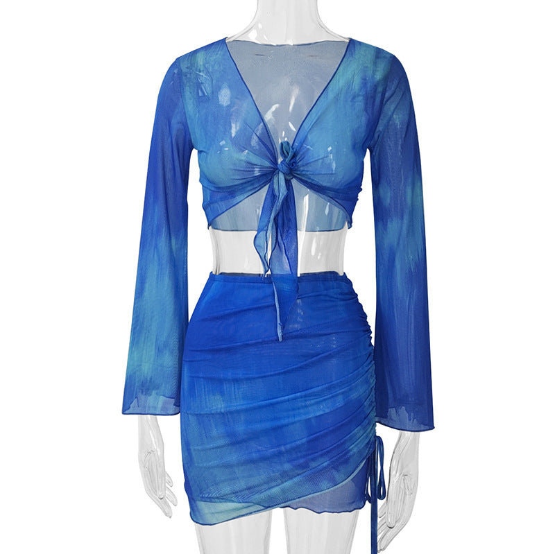 Damen lässiges Crop-Top mit asymmetrischem Rock und langen Ärmeln Shopnory