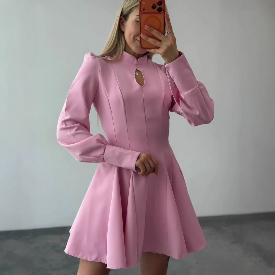 Damen A-Linien Minikleid mit Stehkragen, Schlitzdetail und Ballonärmeln Shop Nory