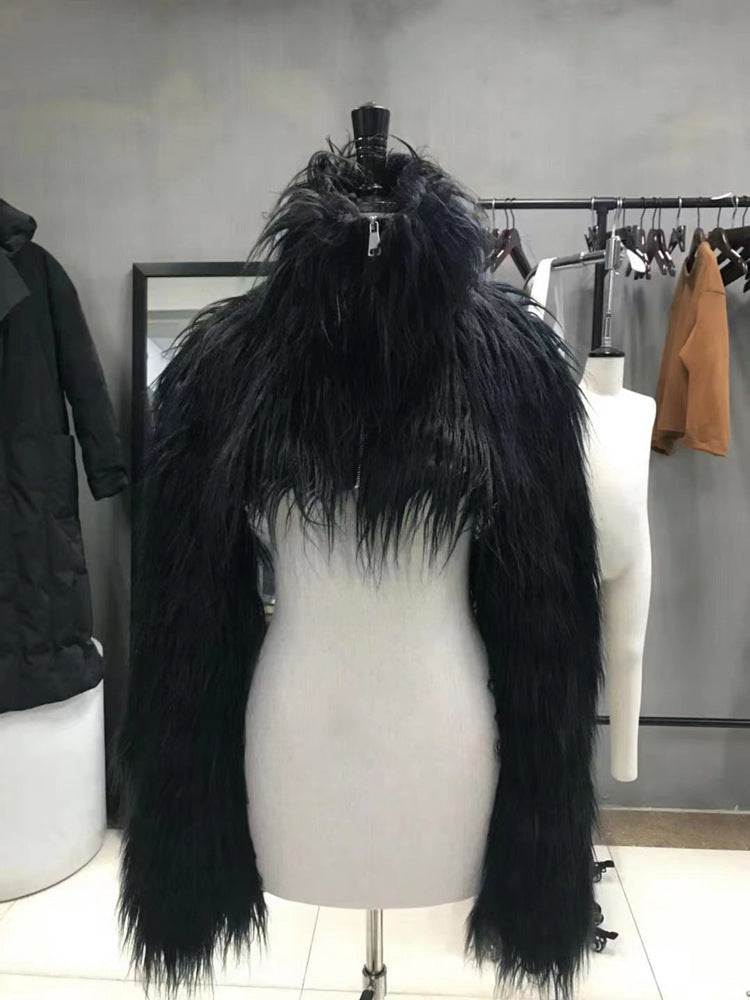 Damen Kurzes langfaseriges Kunstpelz‑Bolero mit extralangen Ärmeln und hohem Stehkragen Shop Nory