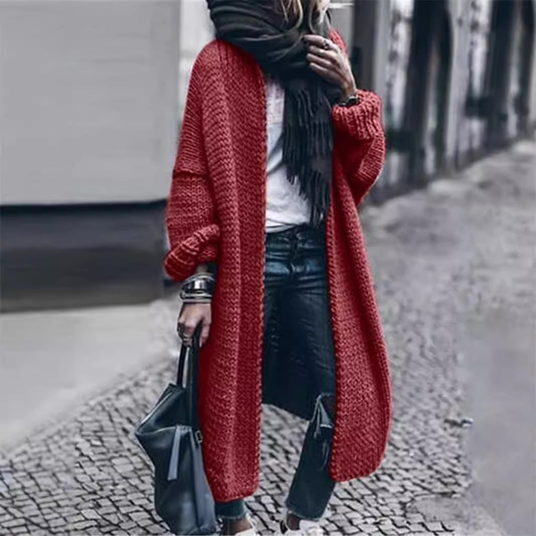 Damen Langer Grobstrick-Mantelcardigan mit überschnittener Schulter und offener Front Shop Nory