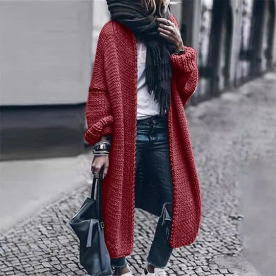 Damen Langer Grobstrick-Mantelcardigan mit überschnittener Schulter und offener Front Shop Nory