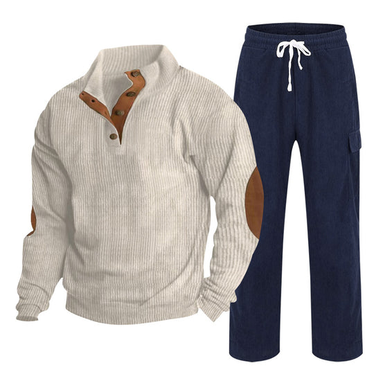 Herren Gemütliches Freizeit-Set aus Waffelstrick-Henley mit Ellenbogenpatch und Relax-Cargo-Hose Shop Nory