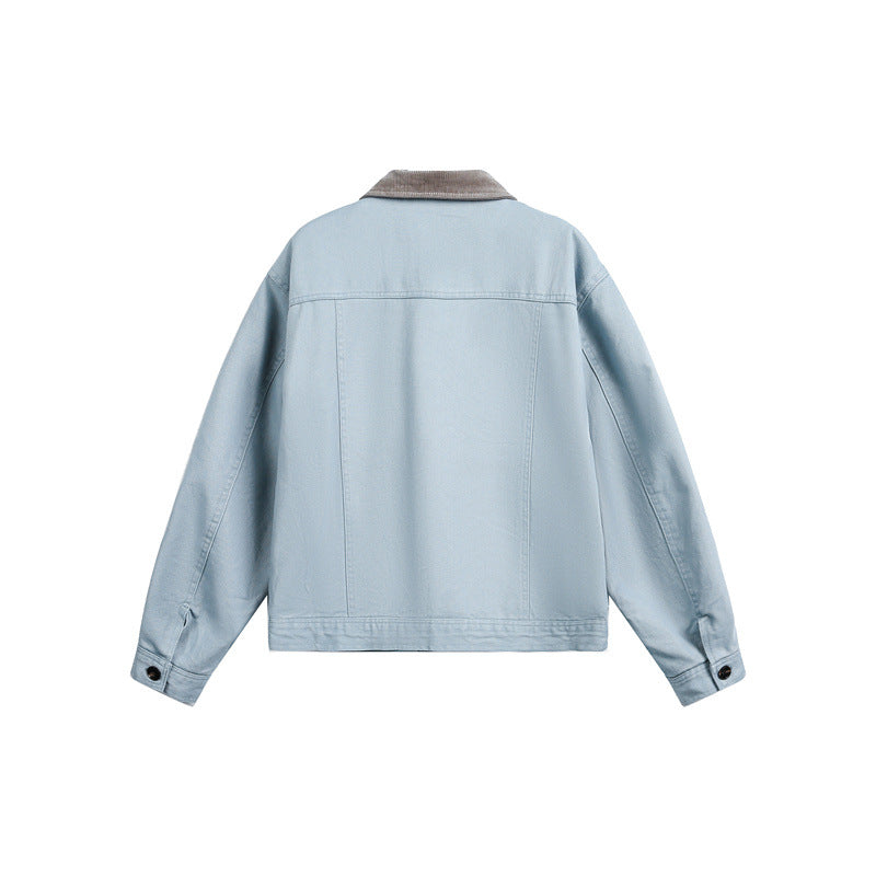 Unisex Kurz geschnittener Boxy-Jeansblouson mit Cordkragen und Eingrifftaschen Shop Nory