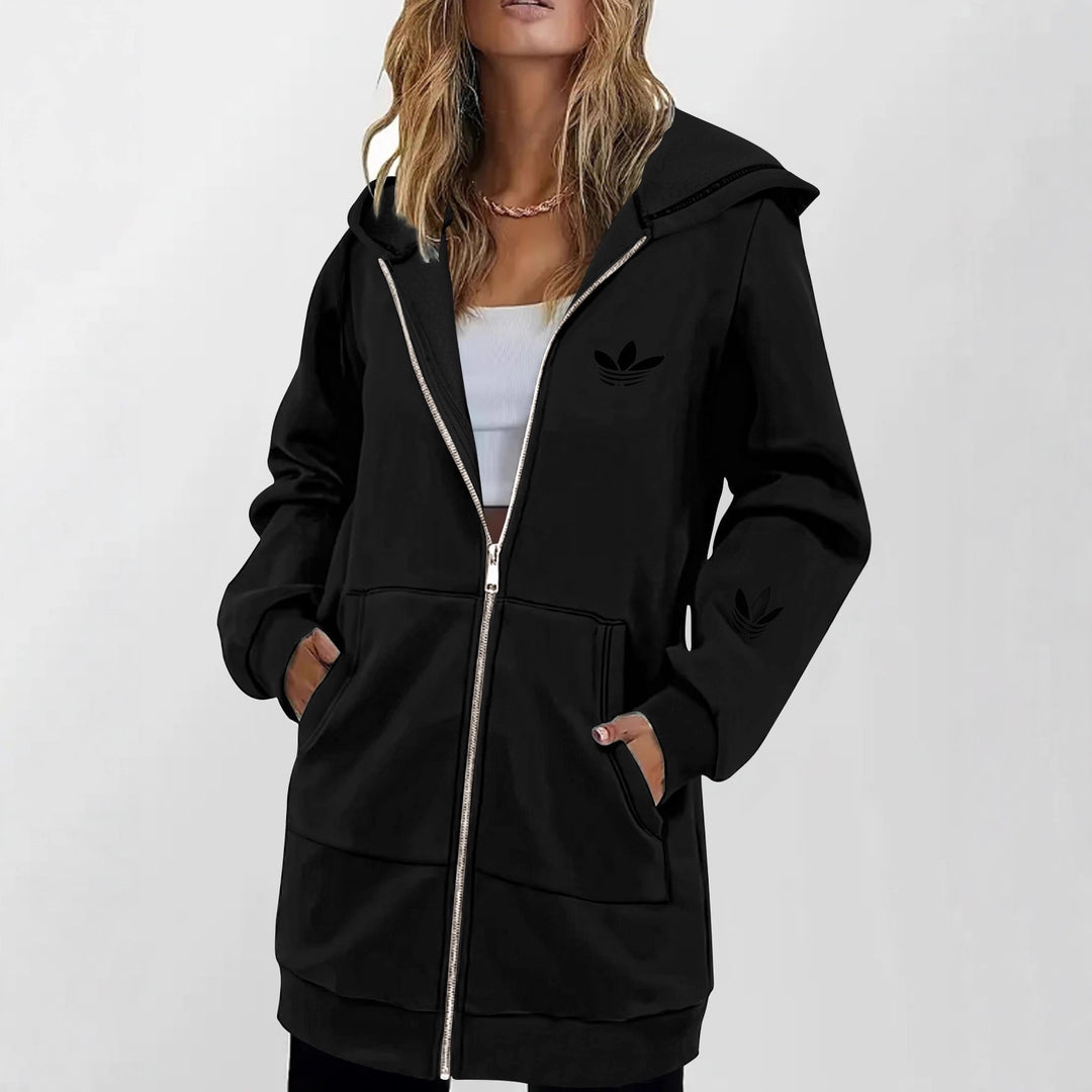 Damen Lange Kapuzen-Sweatjacke mit Metallreißverschluss, Kängurutaschen und figurumspielender Silhouette Shop Nory
