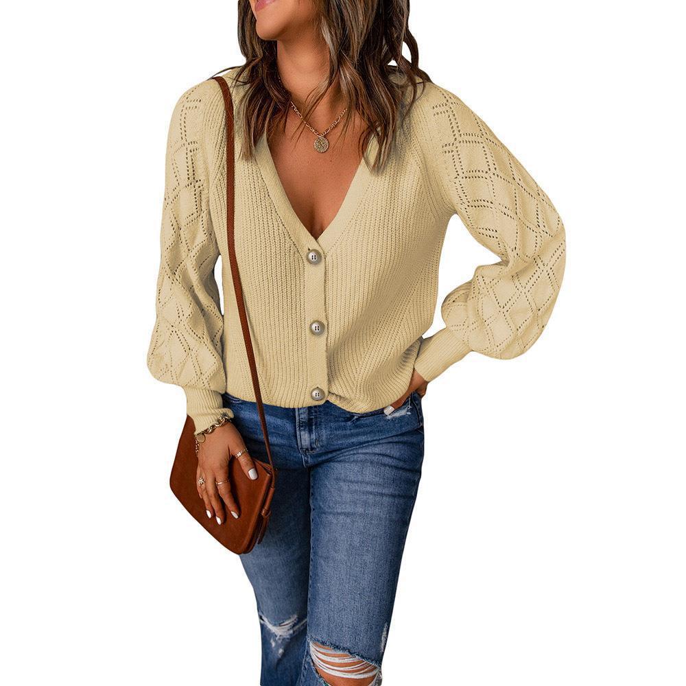 Damen Strickcardigan mit V-Ausschnitt, Zierknopfleiste und Ajourballonärmeln Shop Nory