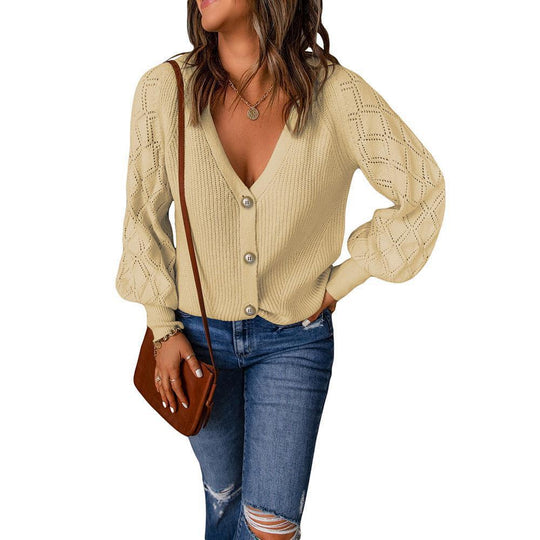 Damen Strickcardigan mit V-Ausschnitt, Zierknopfleiste und Ajourballonärmeln Shop Nory