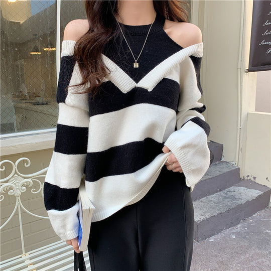Damen Schulterfreier gestreifter Strickpullover mit Cut-Out-Schultern und V‑Einsatz Shop Nory