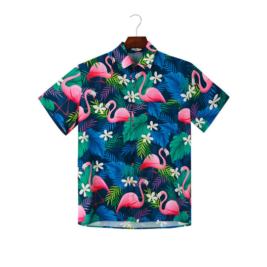 Herren Kurzarmhemd mit lShopnoryendigem Flamingo-Muster und atmungsaktiver Baumwolle
