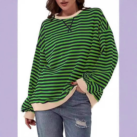 Damen Lässiges Oversize-Streifen-Sweatshirt mit Raglanärmeln und Kontrastbündchen Shop Nory