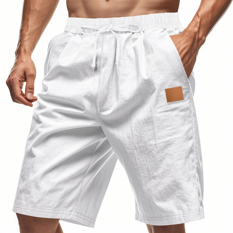 Herren nan leichte Freizeit-Bermudashorts mit Elastikbund, Kordelzug und dezenter Lederapplikation