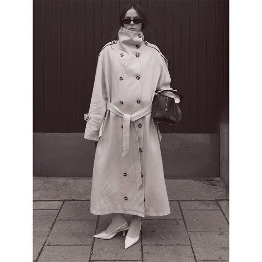Damen Langer Oversized Trenchcoat mit hohem Stehkragen, Glockenärmeln und Bindegürtel Shop Nory