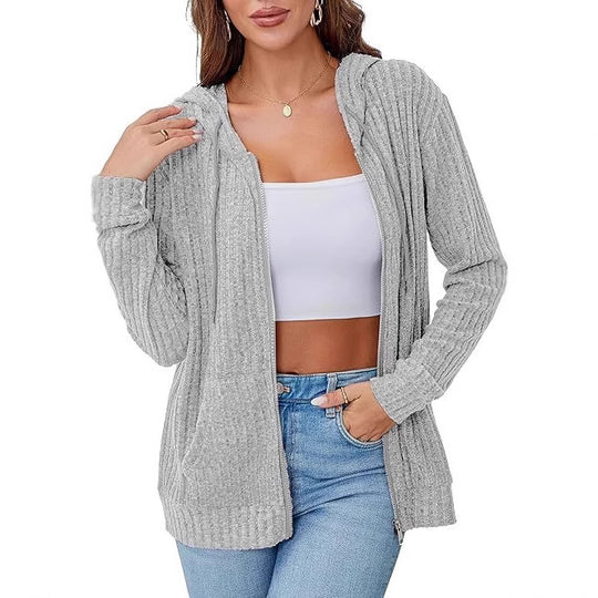 Damen Strick-Kapuzenjacke mit Reißverschluss, Waffelstruktur und Eingrifftaschen Shop Nory