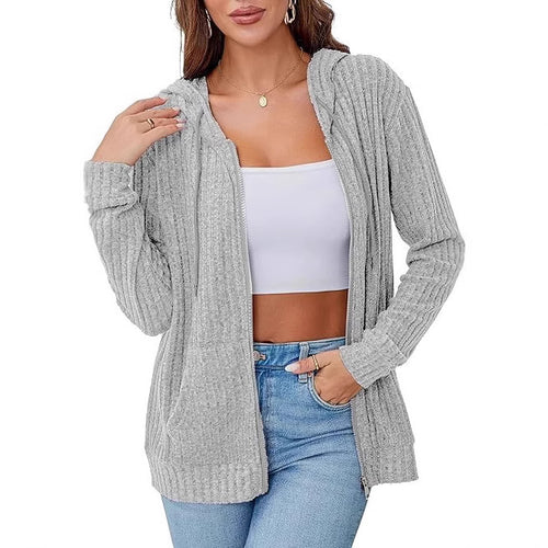 Damen Strick-Kapuzenjacke mit Reißverschluss, Waffelstruktur und Eingrifftaschen Shop Nory
