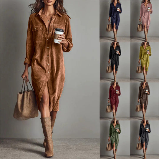 Damen Hemdblusenkleid aus Cord mit Brusttaschen, Knopfleiste und Schlitze Shop Nory