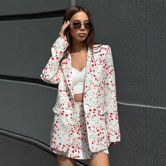 Damen Florales Blazer- und Minirock-Set aus strukturierter Baumwollmischung Shop Nory
