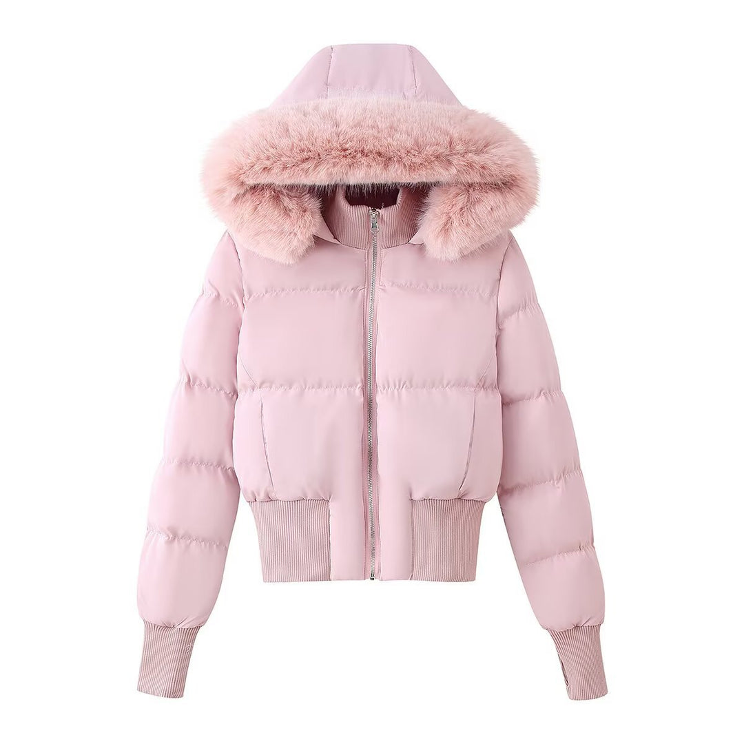 Damen Gepolsterte Cropped-Bomberjacke mit Kapuze und abnehmbarem Kunstpelzbesatz Shop Nory