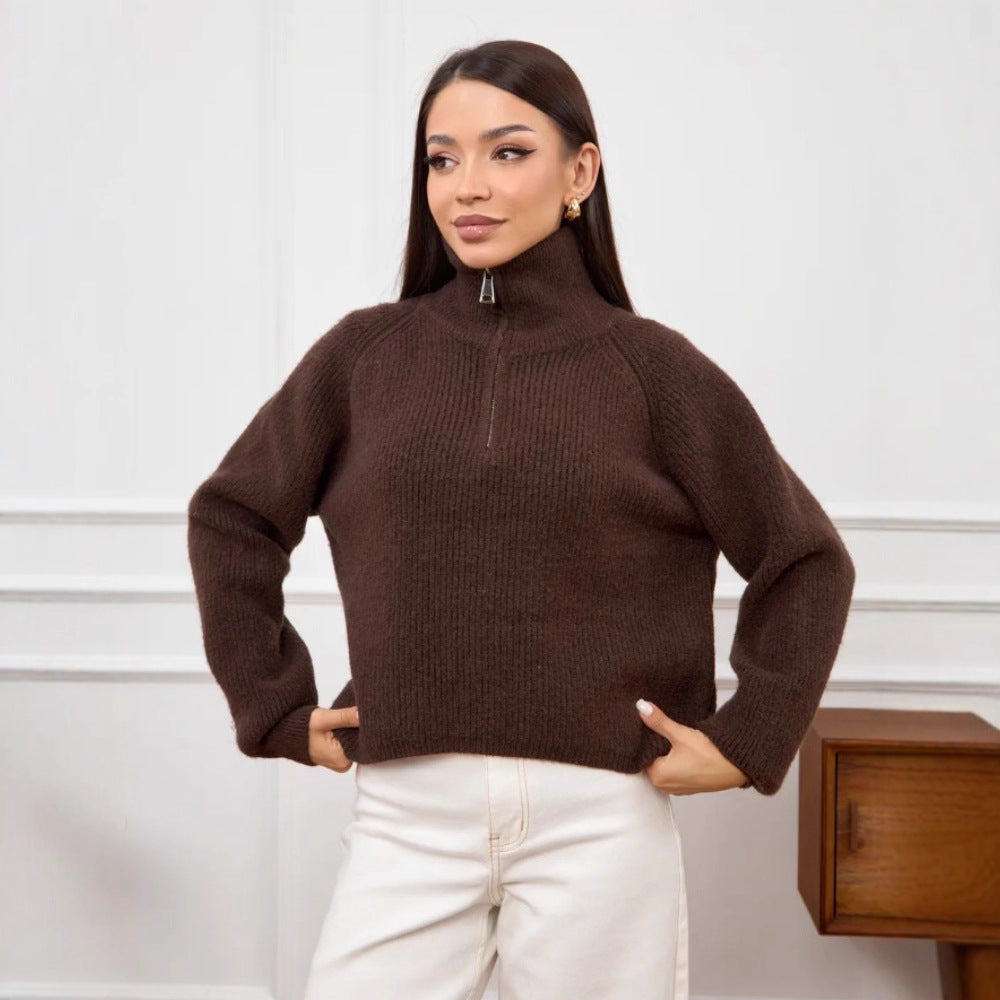 Damen Modischer Strickpullover mit Stehkragen und kurzer Reißverschluss Shop Nory