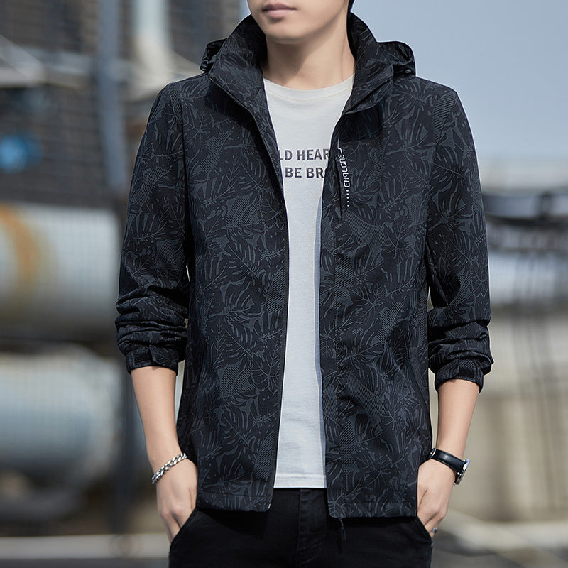 Herren leichte Kapuzen-Windjacke mit floralem Alloverprint, wasserabweisender Shell und elastischen Bündchen Shop Nory