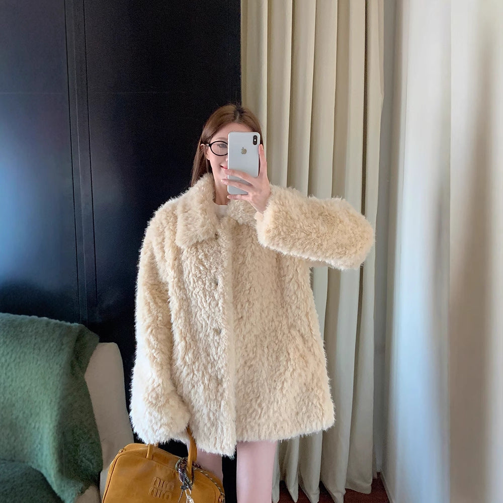 Damen Oversized Kunstfell‑Mantel mit Teddy‑Optik, Stehkragen und Eingrifftaschen Shop Nory