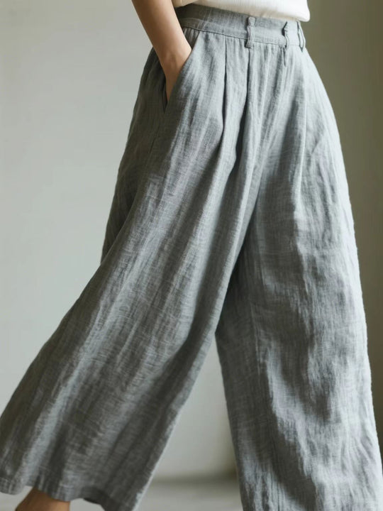 Damen weite Leinenhose mit eleganter Bundfalte und Taschen