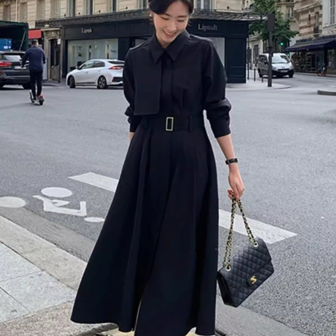 Damen Modernes Hemdblusen-Maxikleid mit taillierendem Stoffgürtel und weitem Tellerrock Shop Nory