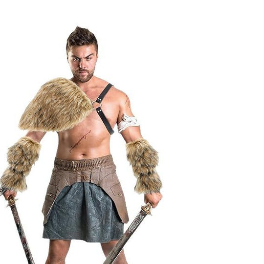 Herren Kriegerisches Kostüm‑Accessoire‑Set aus Kunstpelz mit Schulterbehang, Armschützern und verstellbarem Leder‑Harness Shop Nory