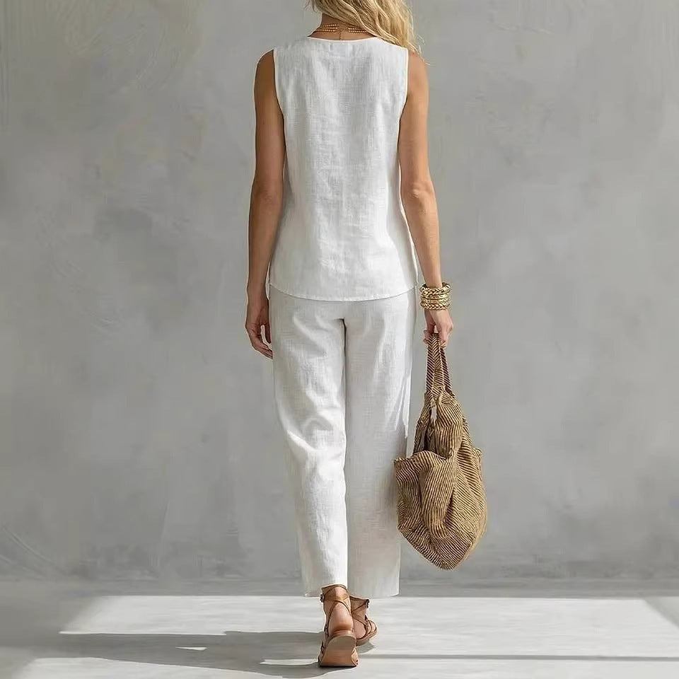 Damen Lässiges zweiteiliges Set mit ärmelloser Bluse und modischen Hosen Shopnory