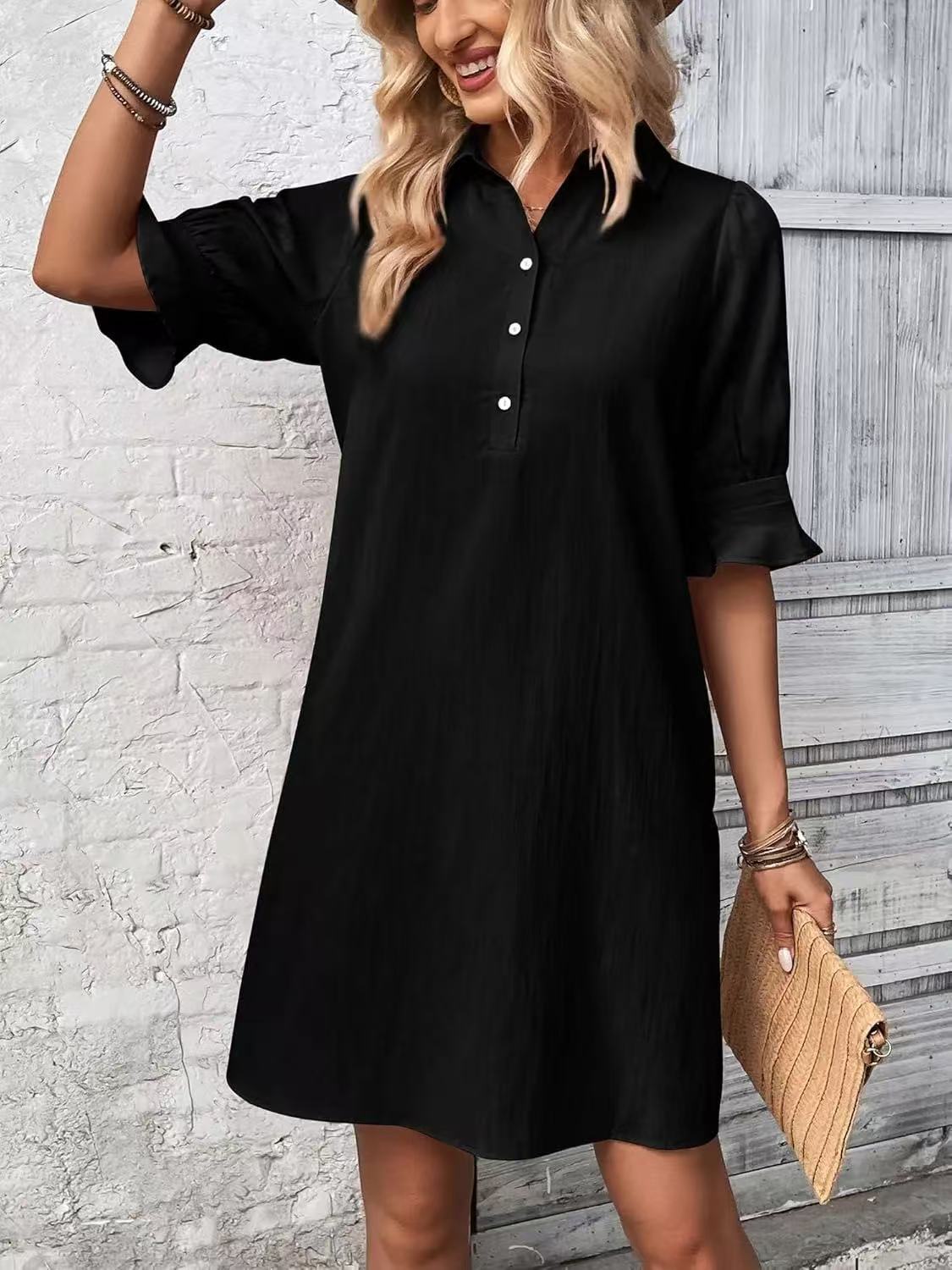 Damen lässiges Hemdkleid mit kurzen Ärmeln und praktischen Taschen