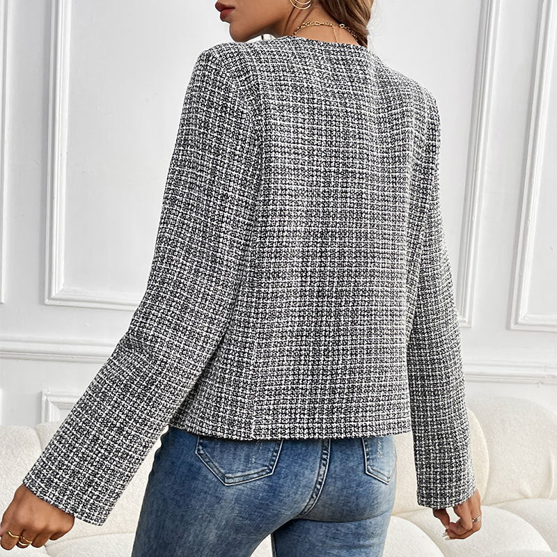 Damen Bouclé-Tweed-Blazer mit Rundhalsausschnitt, goldenen Zierknöpfen und kastiger Silhouette Shop Nory