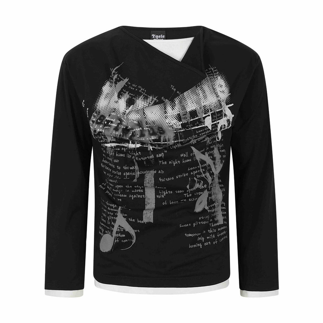 Damen Langarmshirt mit asymmetrischem Schlauchkragen und Grafik‑Music‑Print Shop Nory