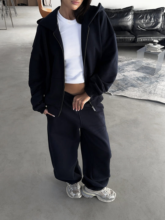 Damen lässiges Zip-Lounge-Set mit übergroßer Kapuzenjacke und taillierter Relax-Jogginghose Shop Nory