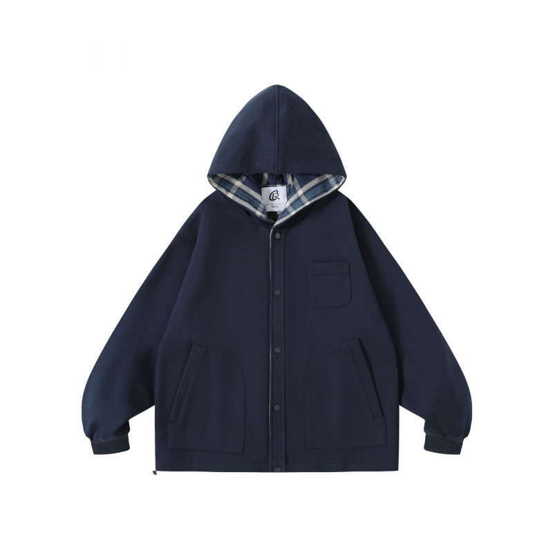 Unisex Oversize-Kapuzen-Überjacke mit kariert gefütterter Kapuze und Druckknopfleiste Shop Nory