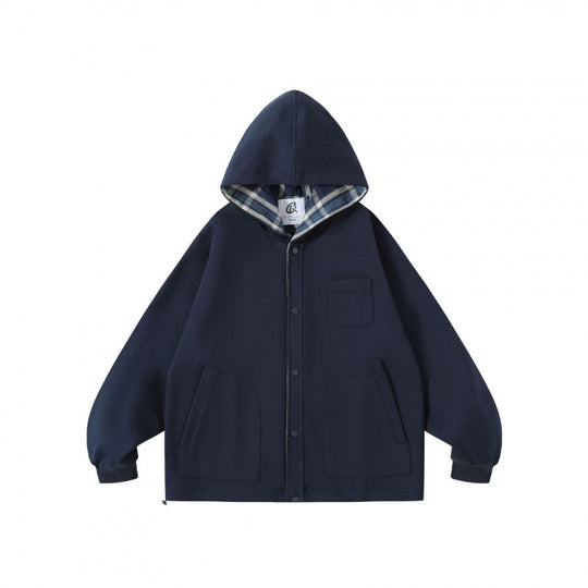 Unisex Oversize-Kapuzen-Überjacke mit kariert gefütterter Kapuze und Druckknopfleiste Shop Nory
