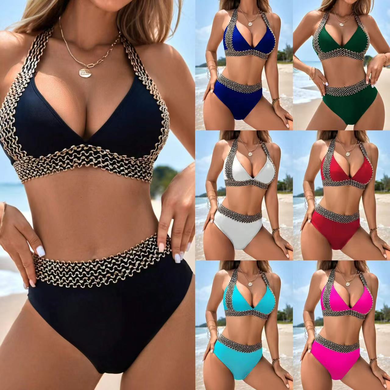 Damen Triangel-Bikini mit dekorativem Borten-Design