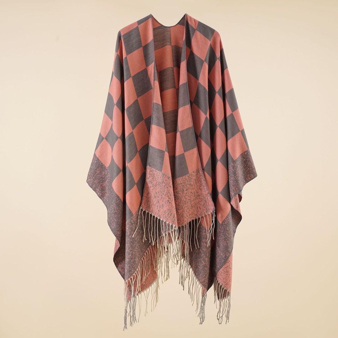 Damen Oversized gewebter Poncho mit Rautenmuster und Fransen Shop Nory