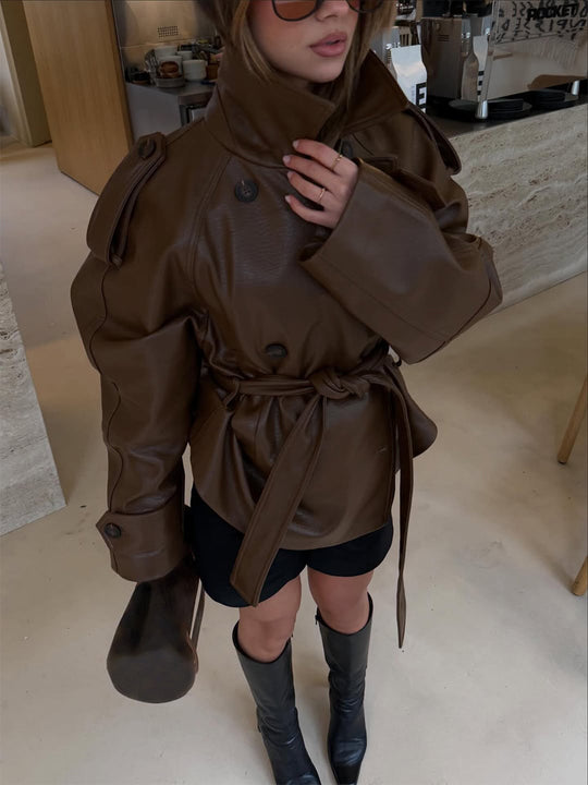 Damen Kurz geschnittener Oversize Lederimitat-Trench mit Taillengürtel und Epauletten Shop Nory